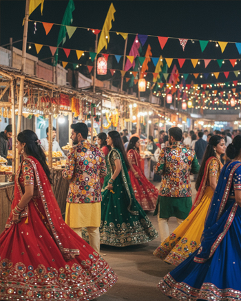 Festive Navratri food stalls and colorful outfits at Dandiya Night Delhi